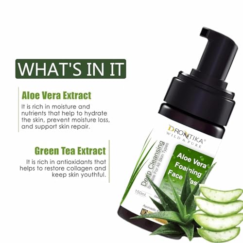 Image of Drontika Wild & Pure Aloe Vera Green Tea Pore Cleansing Face Wash For Oily, Acne-prone Skin | With Tea tree Oil | Controls Excess Oil | Removes Dead Skin Cells | Gentle & Non-Drying | Women & Men | 100% Vegan | 150 ml (Aloe Vera)