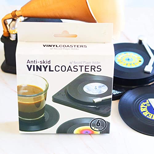 Funny Retro Vinyl Record Coasters For Drinks With Vinyl Record Player Holder For Music Lovers,Set Of 6 Conversation Piece Sayings Drink Coaster,Housewarming Hostess Gifts, Wedding Registry Gift Ideas #TOP5
