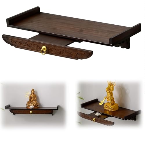 Exmydric Wall-Mounted Buddhist Altar Table, Bamboo Altar Shelf with Retractable Shelves, Pooja Table, Shrine Stand Temple for Home Walnut 50x25x13cm