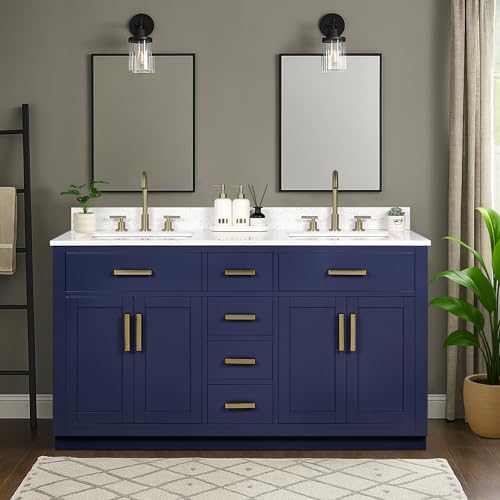 XWNE 60-inch Royal Blue Bathroom Vanity with 2 Sinks, Solid Wood, 0.79-inch Stone Countertop and Backsplash, 6 Drawers, 4 Soft Closing Doors