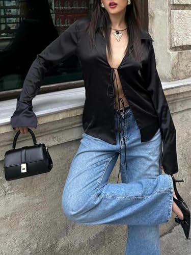 Womens Tie Front Satin Silk Blouse Sexy Deep V Neck Long Sleeve Open Front Club Tops Y2k Going Out Shirts4