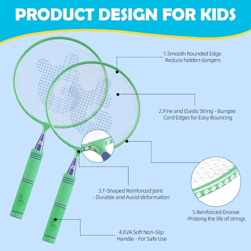 JOY SPOT! Kids Badminton Rackets Set with Soft Grip, Oversize & Lightweight Shuttlecocks Racquet with Carry Bag for Children Youth, 2 Player Sport Game for Indoor Outdoor Backyard (Green) - Thumbnail 3