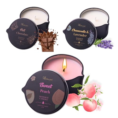 3 Pack Soybean Wax Scented Massage Oil Candle for Skin Moisturizing- Low Temp Body SPA Candle-Gift Candle Set-6.9OZ (Sweet Peach, Hot Chocolate, Lavender Chamomile)