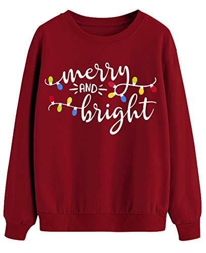 Christmas Sweatshirt Women Merry And Bright Christmas T-Shirt Funny Xmas Lights Blouse Tops Holiday Shirts (Wine Red, Medium) #TOP1