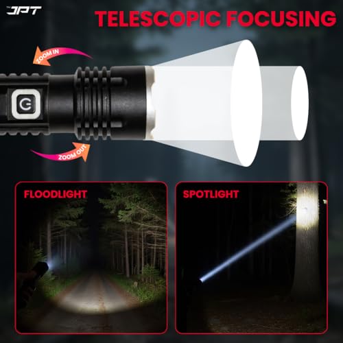 Image of JPT Heavy-Duty K16 Rechargable Portable Super LED Flashlight /Search Light | Full Aluminium Body | 3 Lightning Modes | Telescopic Zoom | 4800mAh Li-ion 4Hrs Backup | for Trekking, Camping, Emergency