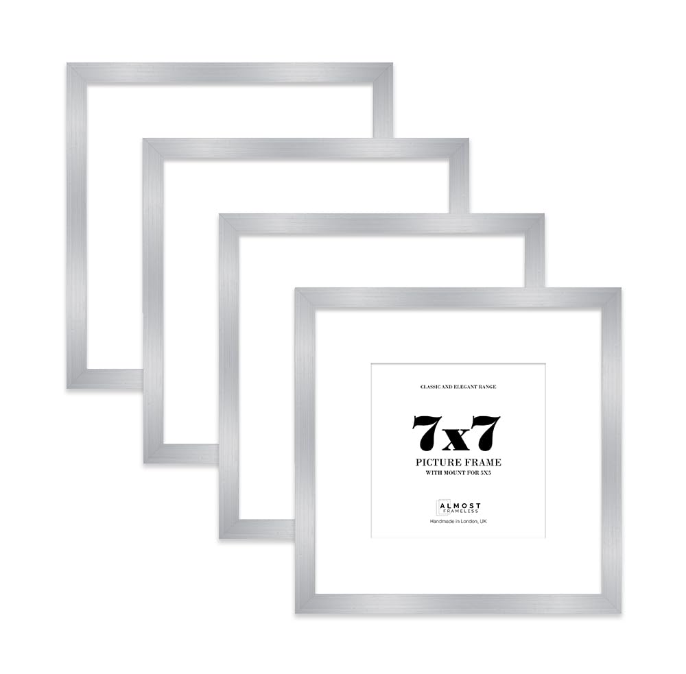 7x7 Silver Picture Frame with Mount for 5x5 Photos, Prints - Modern Square Wall Frame, Set of 4
