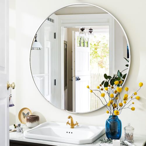Image of VooBang White Round Bathroom Mirror, 24 inch Circle Wall Mounted Hanging Mirror with Simple Modern Circular Metal Frame for Hallway, Entryway, Living Room, White Frame