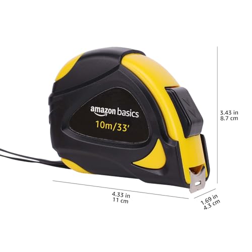 Image of Amazon Basics Self-Locking Tape Measure with Belt Clip, 33 feet (10 m), Inch /Metric Scale, MID Accuracy, Black, Yellow