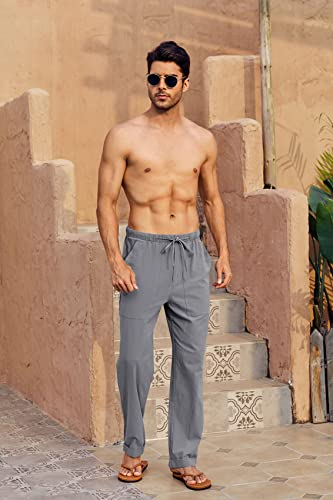 Gafeng Mens Linen Pants Yoga Beach Loose Fit Casual Summer Elastic Waist Drawstring Baggy Trousers With Pockets Gray #TOP1
