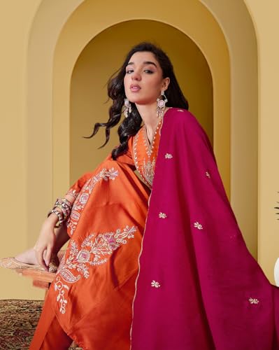 Image of Amazon Brand - Tavasya Women Bitaliyan Zari Sequence Thread Cording Embroidery Kurta Set|Salwar Suit|3 Piece Set