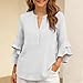 Womens Cotton Linen Dressy Casual Blouses Ruffle 3/4 Sleeve V Neck Tops Button Up Summer Trendy Fashion Work Shirts White