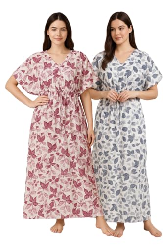 Image of Bahumaan Pure Cotton Kaftan Nighty for Women | Kaftan Maxi for Women | Kaftan Night Gowns for Women | Cotton Nighty for Women Stylish |
