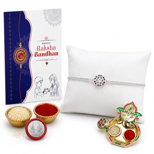 Image of Oblivion Rakhi Set for Brother - Designer Floral Rakhi for Brother with Ganesh Ji Pooja Thali, Pooja Coin & Card | Combo for Raksha Bandhan