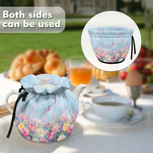 Image of Flower Butterfly Print Tea Cozy for Teapot, Dirt Resistant Kitchen Tea Pot Dust Cover, Keep Warm Home Decorative Tea Cosy with Insulation Pad for Restaurant Office Table