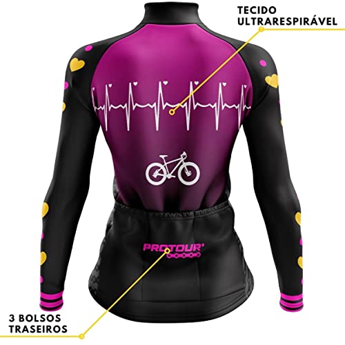 Camisa Ciclismo Feminina Manga Longa Bike Coração Rosa (M)