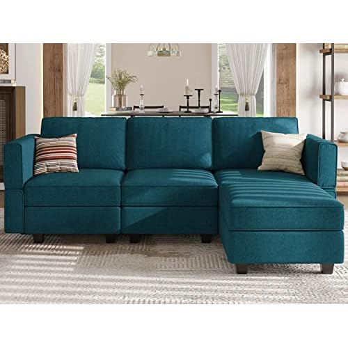 Belffin Small Sectional Sofa Modular L Shaped Couch 3 Seater Sectional Couch Convertible Chaise Ottoman with Storage Peacock Blue L Shaped Peacock Blu
