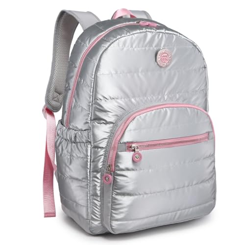 Mochila Feminina Kika Escolar Costa Grande Lona Metalizada holografica Juvenil (Prata)