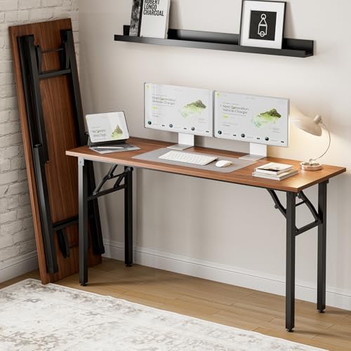 Image of Small Folding Computer Desk - Portable 55.1 Inch Foldable Laptop Table, Collapsible and Compact for Easy and Fast Setup, Lightweight for Small Spaces, Home Craft and Study Use, Dark Walnut