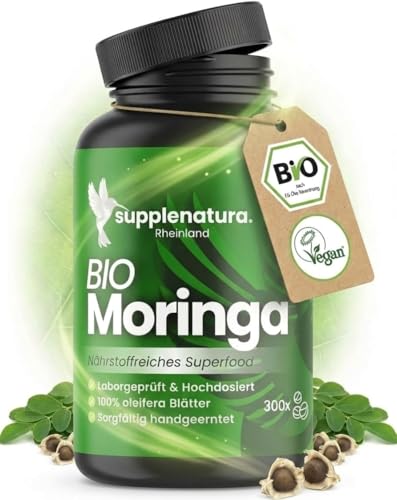 BIO Moringa - 3000mg Tagesdosis I PREMIUM: Indischer Rohstoff I 300 Presslinge - Vegan Laborgeprüft - Moringa Kapseln von Supplenatura