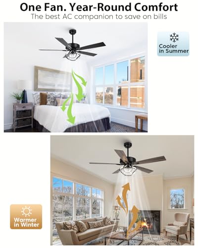 Image of 52 Inch Ceiling Fans with Lights, Creative Modern Black Ceiling Fan and Remote, Dimmable, 6 Speeds, Quiet, Dual-Sided Reversible 5 Blades Indoor Outdoor Chandelier Fan for Bedroom Living Room