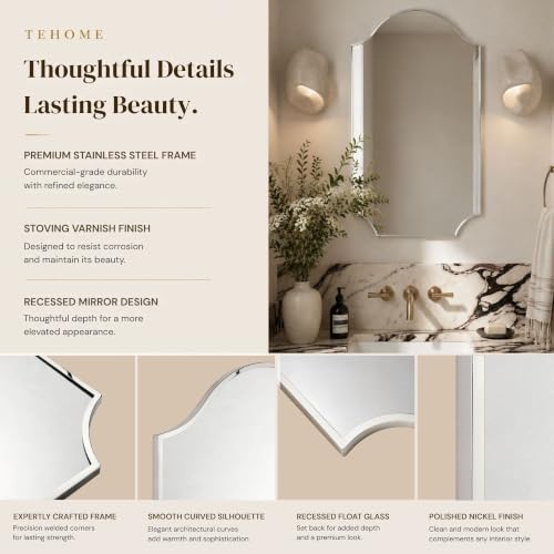 Image of TEHOME 24x32'' Scalloped Polished Nickel Bathroom Vanity Mirror, Silver Metal Framed Bathroom Mirror