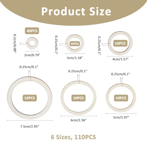 SUPERFINDINGS 60Pcs 6 Sizes Wood Earring Blanks Unfinished Wood Hollow Blank Round Wooden Linking Rings Wood Pieces Frame Wood Crafts Supplies for Jewelry Making - Image 2