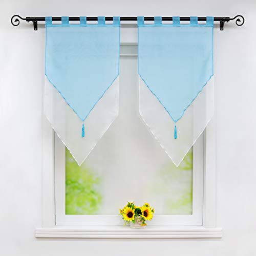Joyswahl Lydia Lot de 2 Voilages à Double Couche Transparent en Polyester à Passants avec Frange à Pompon Décoration de Fenêtre pour Cuisine Salon...