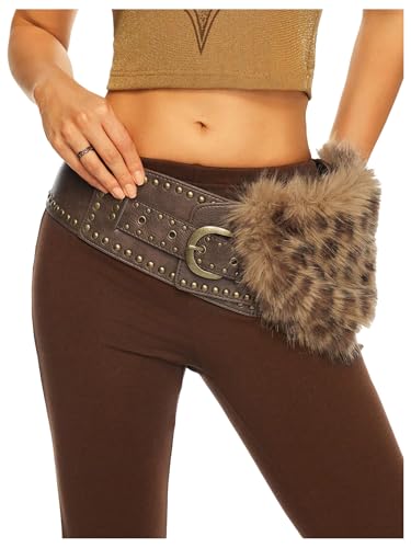 MakeMeChic Women's Leopard Faux Fur Belts Wide Waist Leather Boho Y2k Vintage Cowboy Chic Western Belt