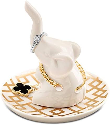 Elephant Ring Holder Ring Dish, Ring Holder for Jewelry, Mother’s Day, Jewelry Holder, Trinket Tray/Dish, White & Decorative Gold, Wedding Ring, Diamond Ring & Engagement Ring Holder, Wedding Gift