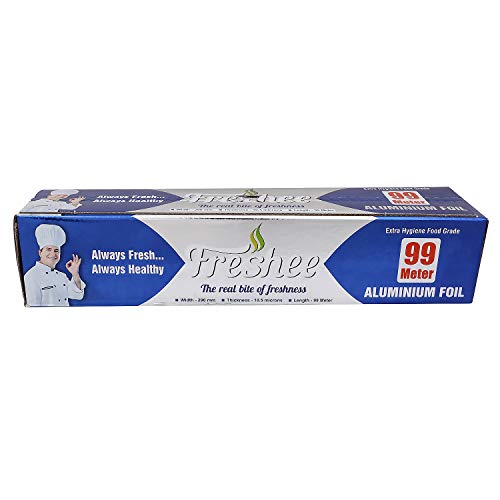 Image of Freshee 99m Aluminium Silver Kitchen Foil Roll Paper Pack 2|11 Micron Thick|Food wrap|Disposable Food Parcel|Fresh Food|Food Grade