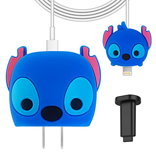 AIBEAMER Cute Stitch Case for Apple 18W & 20W USB-C Power Adapter Charger, 3D Kawaii Cartoon Fashion Soft Silicone Fast Chargers Block Protective Cover with Case Ejector (Blue)