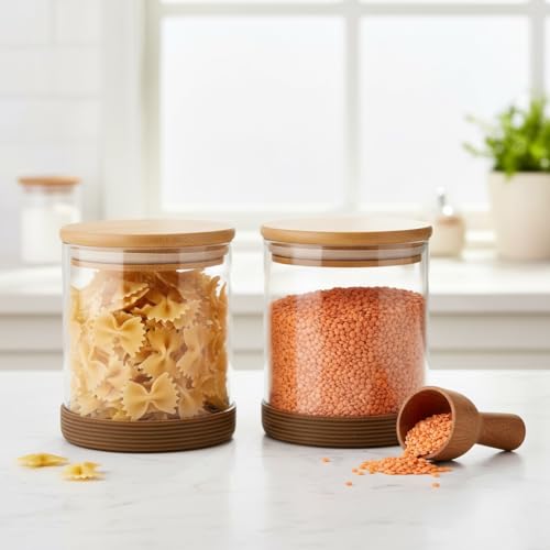 Image of Femora Borosilicate Glass Jars with Wooded Lid| 1 Year Warranty| Multipurpose Airtight Storage Jars For Cookies, Snacks, Spices| Glass Jar 600ml| Set Of 2| Transparent Glass Jars For Kitchen Storage