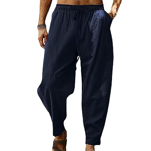 Mens Linen Harem Pants Casual Drawstring Lightweight Trouser Drawstring Men Cropped Hippie Beach Yoga Pants (Blue 2,X-Large)