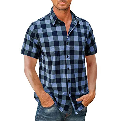 GO2NAATI Camicia a Quadri Uomo Camicia a Quadri in Puro Cotone Camicia Casual Camicia Hawaiana Cardigan a Maniche Corte Camicia Estiva Uomo Camicia Casual