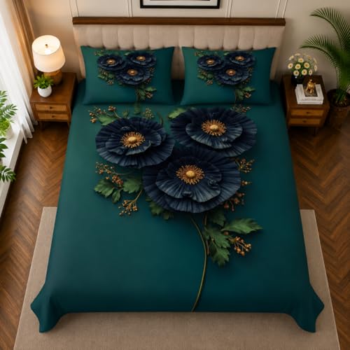 Image of 7D Digital Printed King Size Bedsheet with 2 Pillow Covers | Soft Premium Cotton Feel Microfiber Double Bed Bedsheet |Breathable,Wrinkle Free & Fade Resistant|(TealFloral, KingSize-225x250CM)
