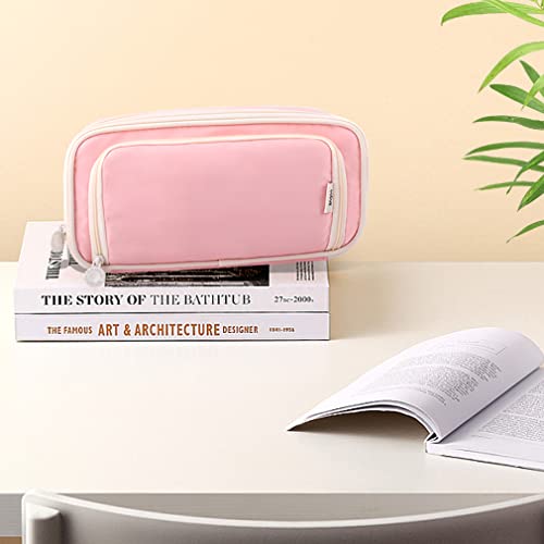 Image of iSuperb Big Capacity Pencil Case Large Pencil Pouch Portable Pen Bag with 2 Compartments Pink Pen Organizer for School Teen Girls Women
