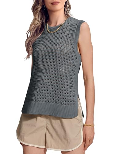 Image of SuperPrity Women's Sweater Vest Sleeveless Crochet Sheer Knit Sweater Tank Casual See Through Crewneck Sweater