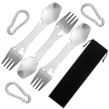 AMANMAN 3 Stück Göffel Edelstahl Löffel Gabel 6 in 1 Camping Besteck Spork Messer Leichtes Outdoor Reisebesteck Extra Stark Campingbesteck mit Flaschenöffner Dosenöffner und Tasche für Reisen Trekking