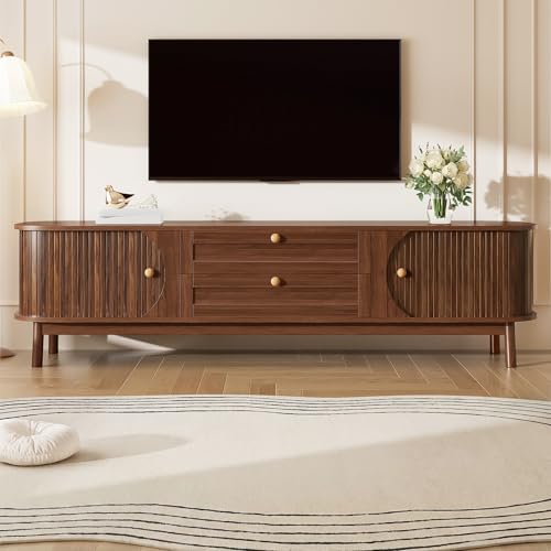 Mueble de TV efecto madera 170 cm, mueble bajo con cajones y puertas de láminas, aparador para televisores de hasta 75 pulgadas, mesa de televisión con esquinas redondeadas para salón