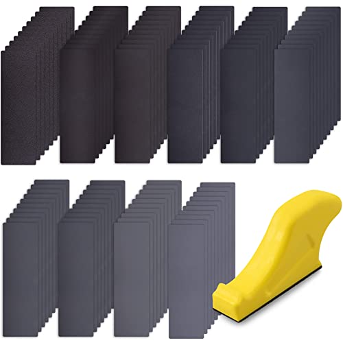 SIQUK 100 piezas de papel abrasivo con bloques de lijado de papel de lija grano 120/180/240/320/400/800/1000/1200/2000/3000 hojas abrasivas para lijado