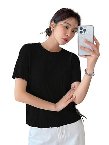 Image of SMOWKLY Women's Polycotton Stylish Regular Fit Ribbed Top || Korean Outfits & Western Style Tees || Crew Neck T_Shirt for Casual & Formal Use (1650_BK_M)