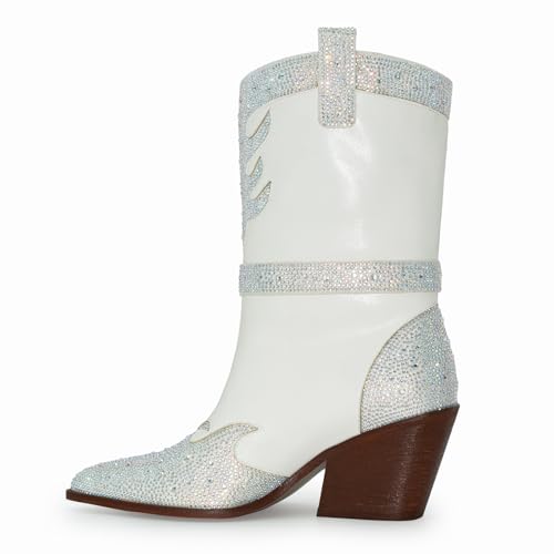 Sparkle Rhinestone Cowboy Boots for Women Mid Calf Western Wide Calf Short Cowgirl Boots Fashion Pointed Toe Glitter Bling Pull on Zipper Chunky Boots Retro Classic Wedding Party3