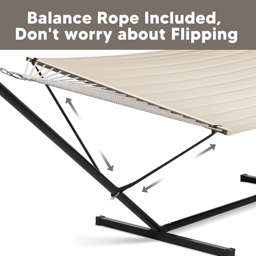 Image of SUNCREAT Double Outdoor Hammock with 15 ft Stand, Standing Patio Hammocks for Outside, Beige