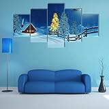 PMSM Impression sur Toile intissee Une cabane dans Un Paysage de Noël enneigé au Clair de Lune 150x80 cm 5 Parties Tableau Tableaux Decoration Murale Photo Image Artistique Photographie Graphique