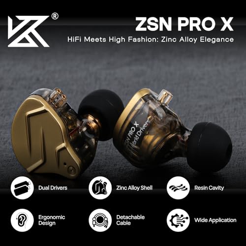 Image of Linsoul KZ ZSN PRO X Dual Driver 1BA+1DD Hybrid Metal Earphones HiFi in-Ear Monitor with Detachable 2Pin Cable, Zin Alloy Panel (with Mic, Gold)