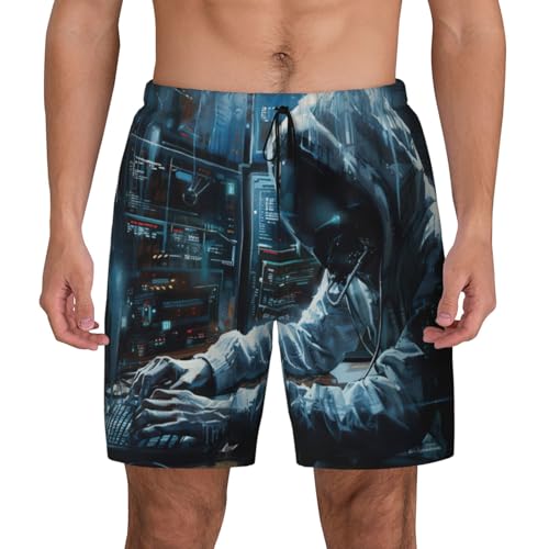 Hacker Attack Print Men Stylish Functionality Swim Trunks Breathable Beach Shorts Surfing Gym Fishing