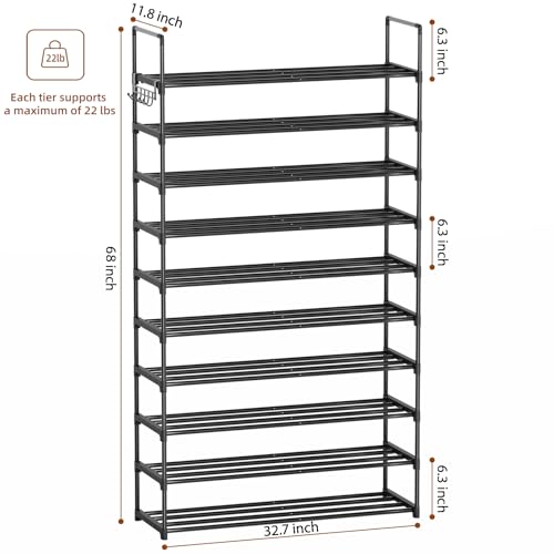 Image of 10 Tier Shoe Rack, Tall Shoe Rack for Entryway, Shoe Organizer for Closet, Shoe Storage for Front Door Entrance & Entryway, Large Long Shoe Stand Holder Adjustable Shelf Height