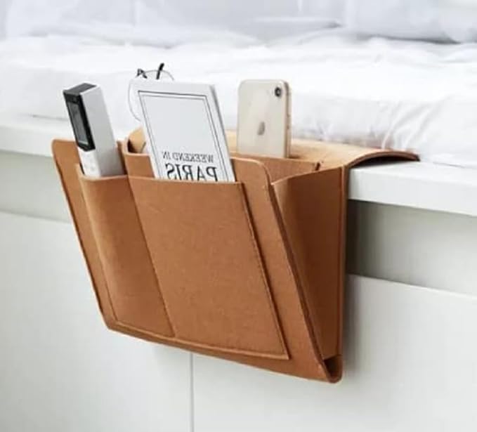 K.B.SALES Bedside Pocket Caddy Bed Organizer Storage Inside with 5 Pockets and Charging Cable Hole for Organizing Tablet Pocket Hanging Storage Organizer Sofa Desk Hanging Organizer (Brown)