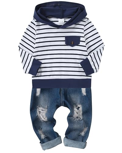 CARETOO Toddler Baby Boy Clothes Infant Outfits Boys Fall Winter Clothing Long-sleeved Top Jeans Pants Set 12M-5T, Stripe, 18-24 Months