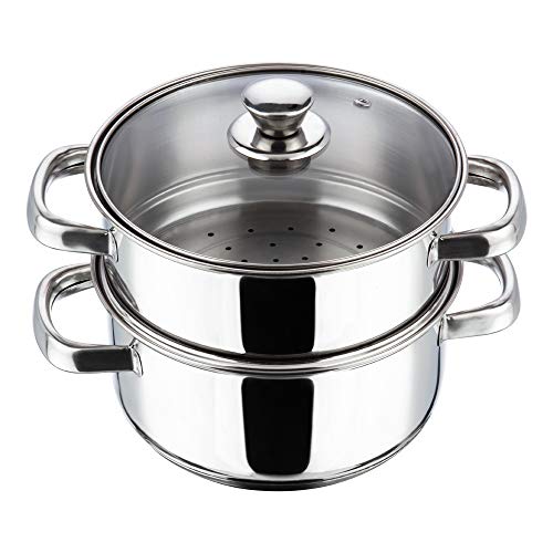 Vinod Stainless Steel 2-Tier Steamer Pot - 20 cm | Vented Glass Lid & Riveted Handles | Induction & Gas Compatible | 2.5mm Thick Base | Multipurpose Steamer Cooking Vegetable, Momos, Dumplings